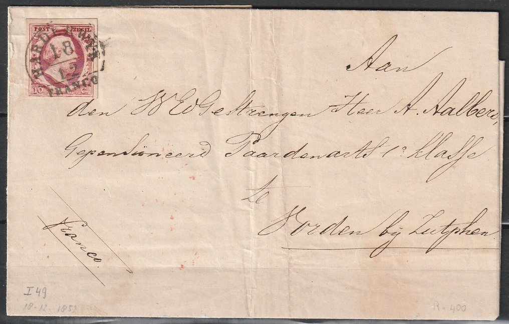 Holanda 1852 - Completar breve com halfrondstempel HARDERWYK C EY 400. - NVPH 2b #1.0