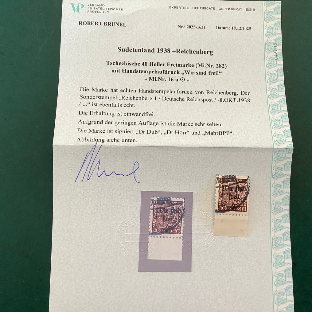波希米亚和摩拉维亚 1938 - Reichenberg：40赫勒邮票，印有‘我们自由’，照片证书，已发行10枚邮票。 - Michel 16a #4.3