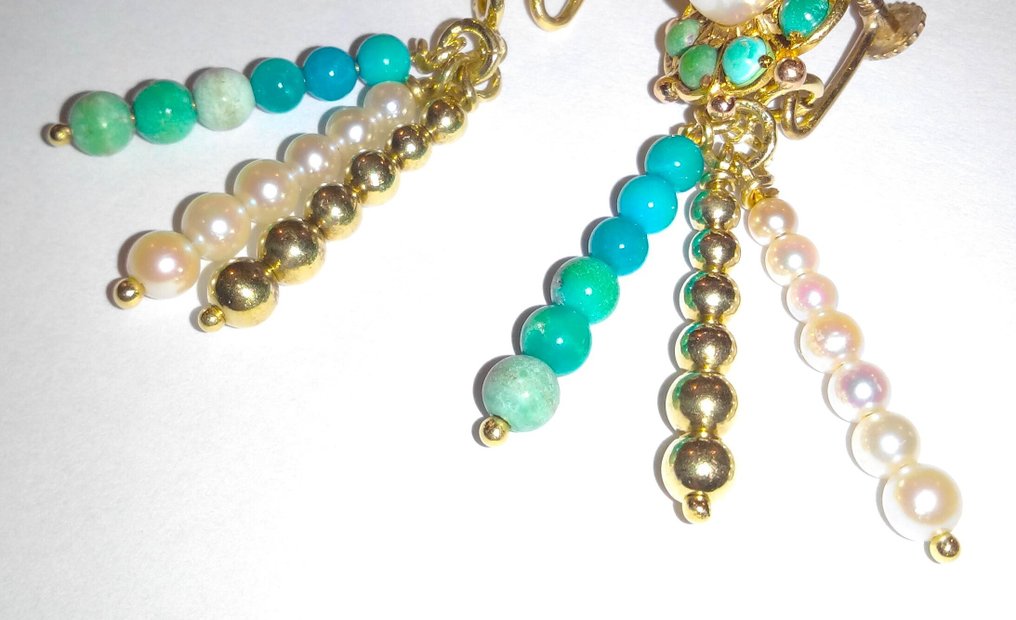 χωρίς τιμή ασφαλείας - Σκουλαρίκια με κλιπ 14 καρατίων κίτρινο χρυσό - καλλιεργημένες πέρλες και τουρκουάζ #4.3