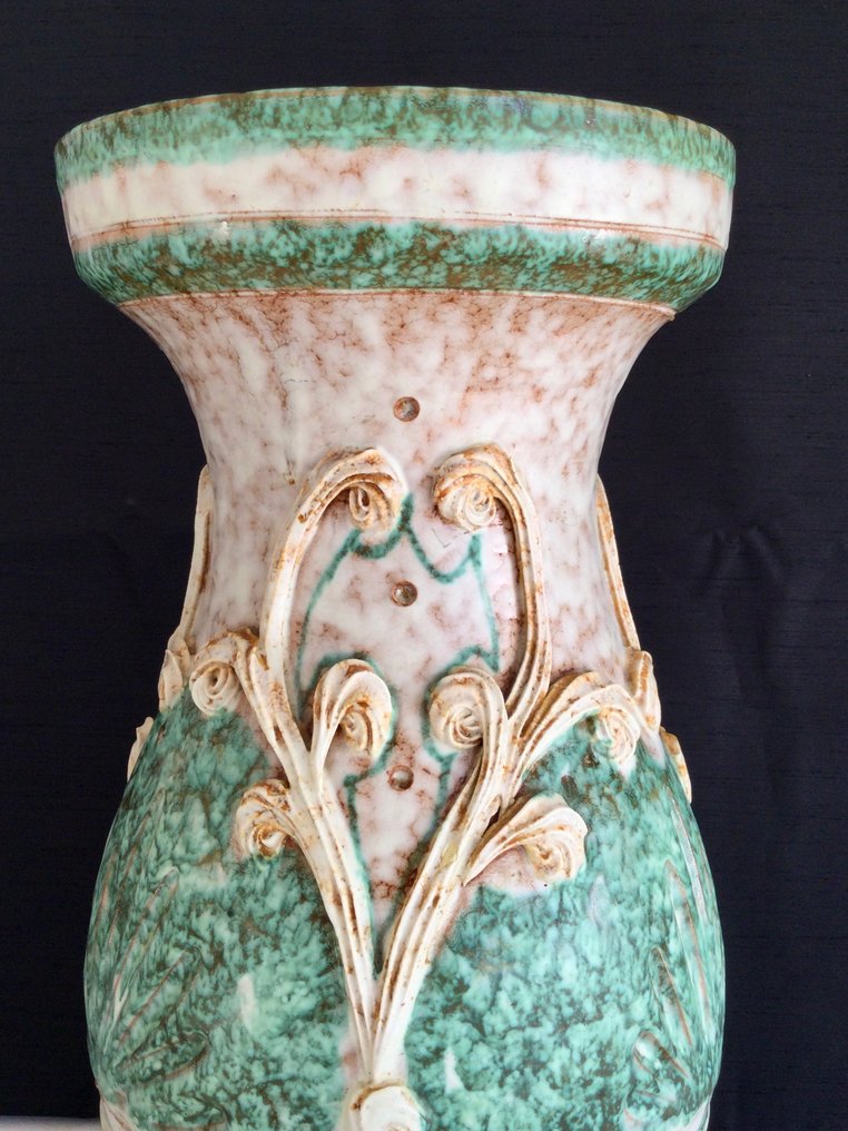 Elegante keramische vaas , atelier design jaren 1960-1970 Zuid-Frankrijk - Jarra  - Ambachtelijk vervaardigd geglazuurd keramiek, mooie turquoise kleur en reliëfversieringen. #3.2