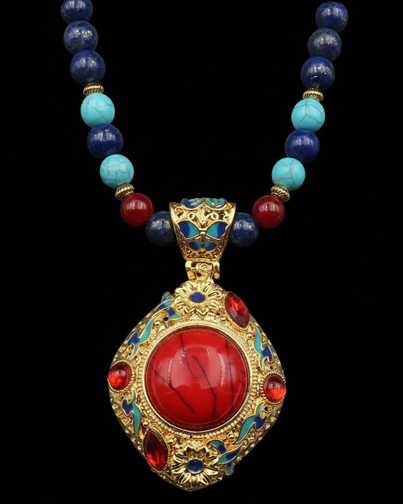 青金石 - Rubis - 海蓝宝石松石 - 佛教冥想项链 - 驱除负能量 - 14K GF黄金扣 - 吊坠项链 #1.0