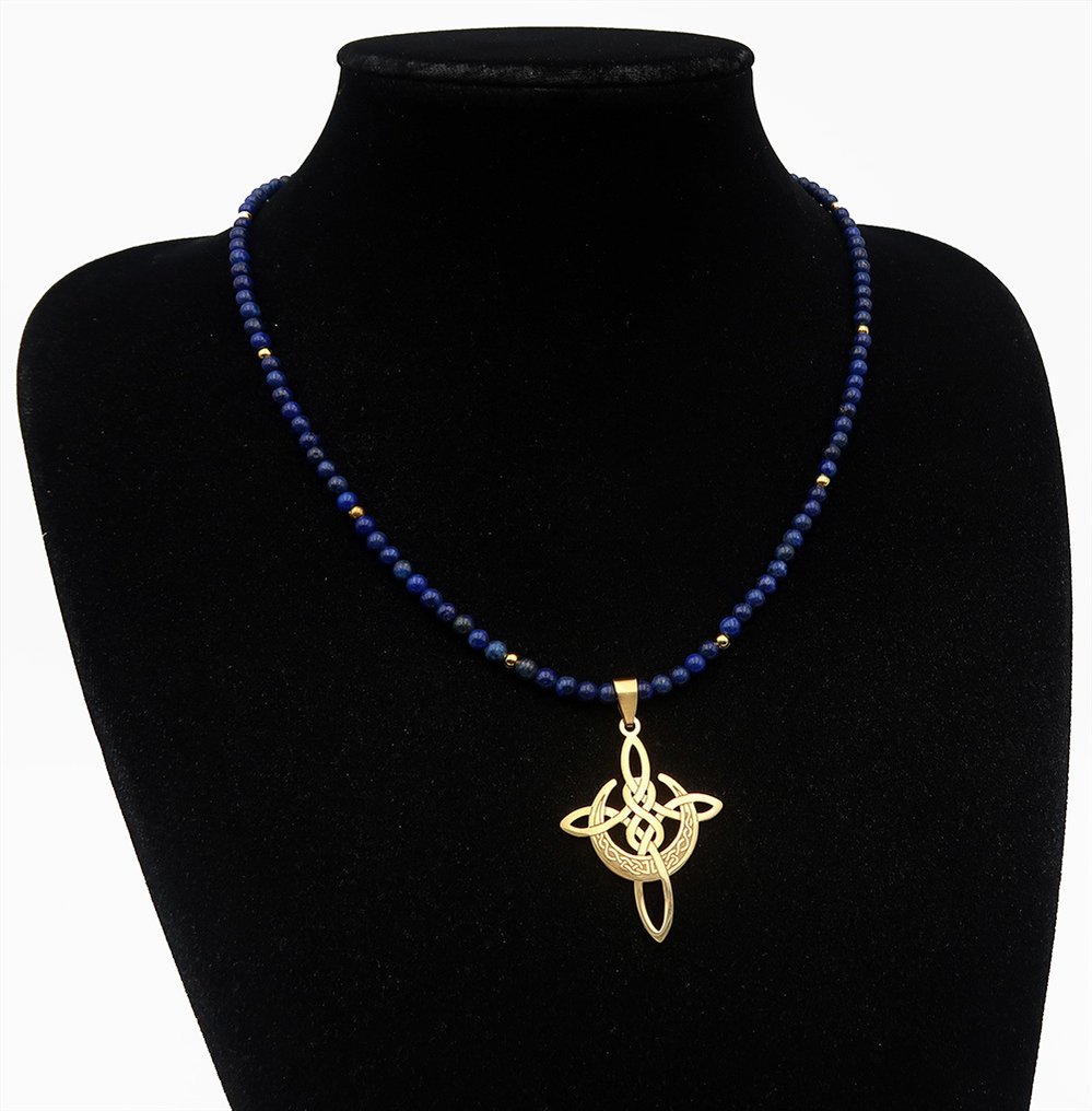 青金石 - 凯尔特十字，月亮 - 灵性连接与自我表达 - 14K金填充扣环 - 吊坠项链 #2.1