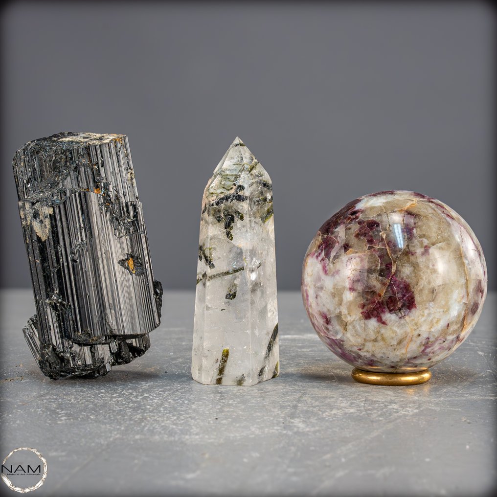 天然碧玺套装 黑色、绿色和粉色的碧玺在和谐的组合中- 788.61 g - (3) #1.0