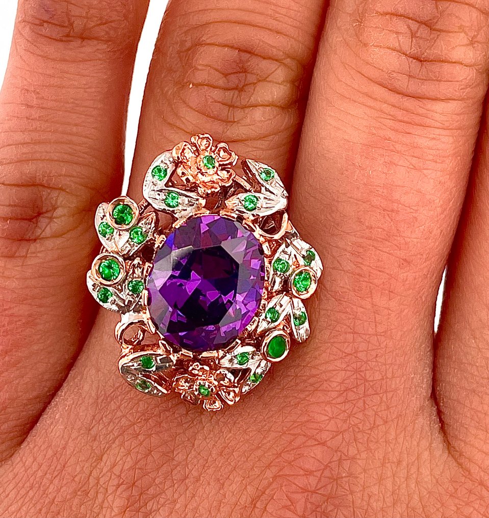 No reserve price - Ring - 9 kt. Rose gold, Silver Amethyst - Emerald #4.3
