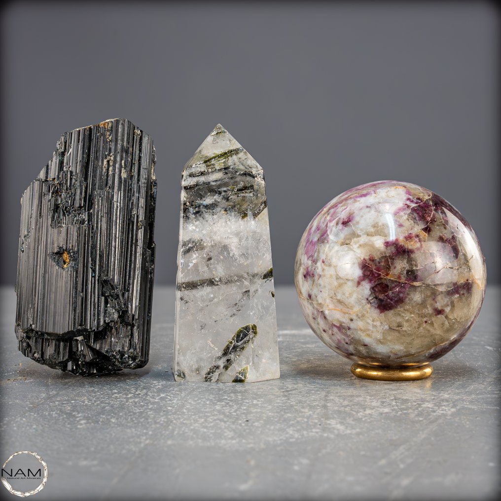 天然碧玺套装 黑色、绿色和粉色的碧玺在和谐的组合中- 788.61 g - (3) #1.0