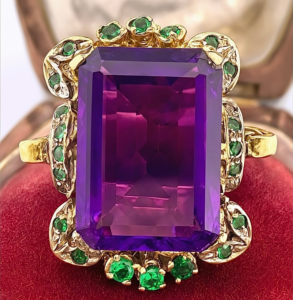 Senza prezzo di riserva - Anello - 9 kt Oro giallo, Argento Ametista - Smeraldo #1.0