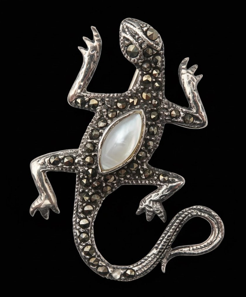 银, 珍珠母蜥蜴胸针：艺术装饰风格的优雅与再生——925纯银 - 胸针 #1.0