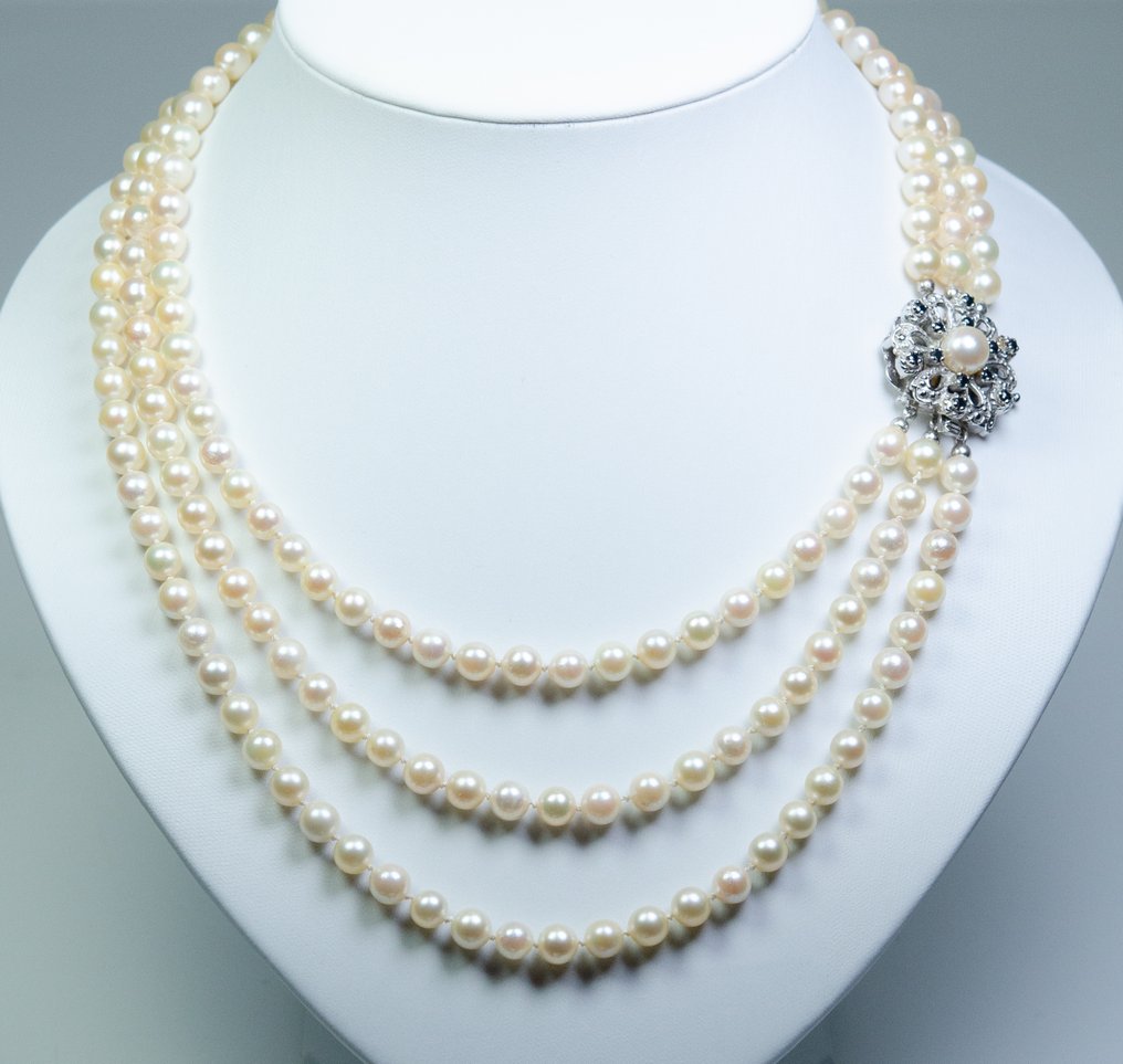 Sem preço de reserva - Colar - 835 Silber - Pérolas Akoya - 0,50 ct Safira - tripla fileira #1.0
