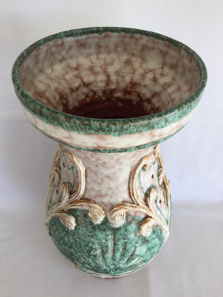 Elegante keramische vaas , atelier design jaren 1960-1970 Zuid-Frankrijk - Jarra  - Ambachtelijk vervaardigd geglazuurd keramiek, mooie turquoise kleur en reliëfversieringen. #4.3