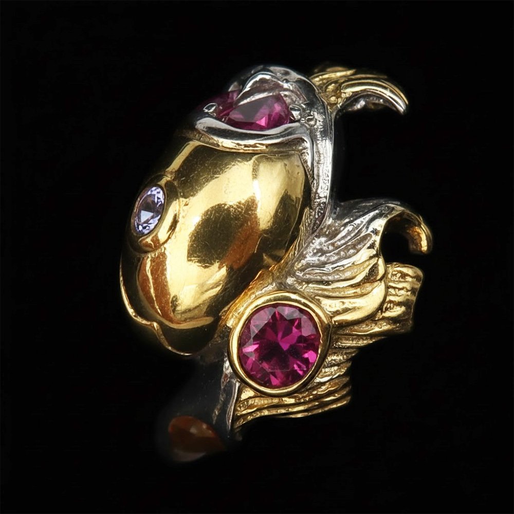 坦桑石 - 银, 金鱼之鱼（锦鲤）：丰饶、好运与坚持 - 925纯银、黄水晶、石榴石 - 戒指 #2.1