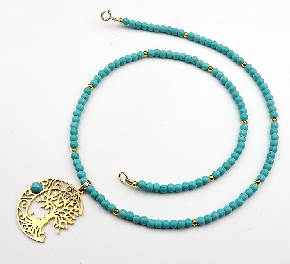 Howlite 绿松石-神圣生命树/月亮–女神觉醒，绝对保护-14K GF金质扣 - 项链 #3.2