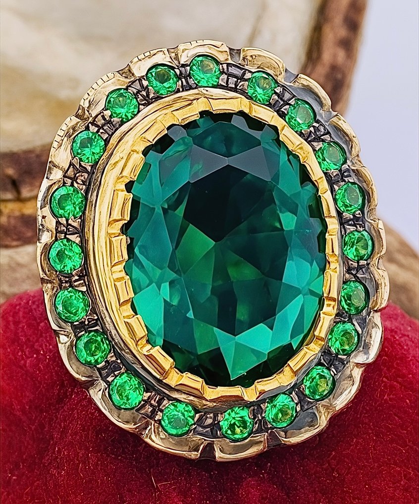 沒有保留價 - 戒指 - 9 節 黃金, 銀 祖母綠 - 祖母綠 #3.2