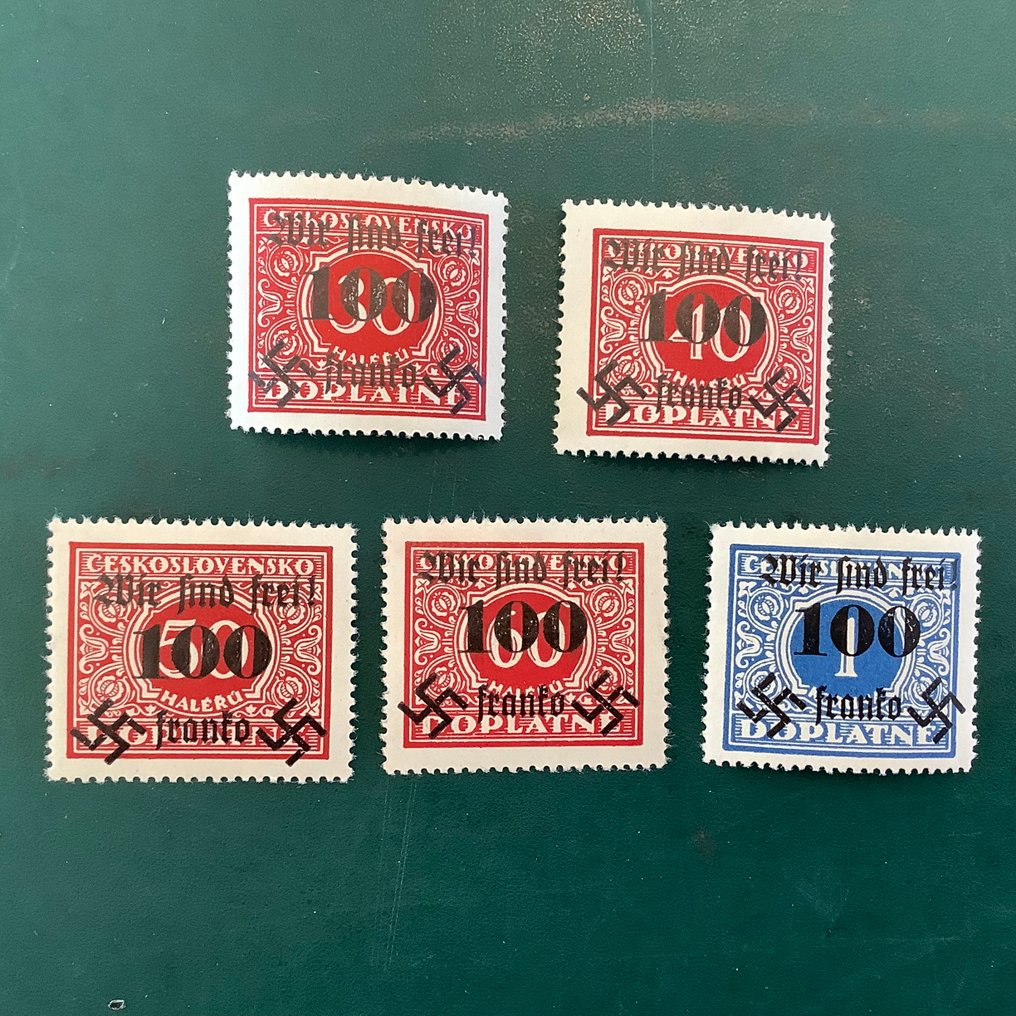 波希米亚和摩拉维亚 1938 - Rumburg:5枚邮资封,印有‘wir sind frei’,为最新的完好无损检验,由Brunel出具。 - Michel 39/43 #2.1