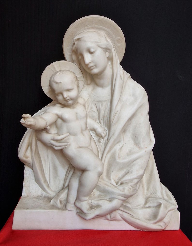Lodovico Pogliaghi (1857 - 1950) - Γλυπτό, Madonna con Bambino - 80 cm - Μάρμαρο Carrara #1.0