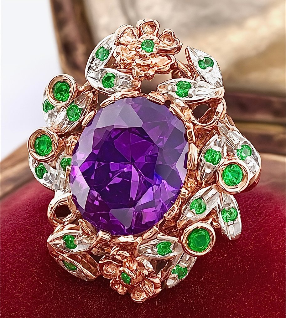 No reserve price - Ring - 9 kt. Rose gold, Silver Amethyst - Emerald #2.1