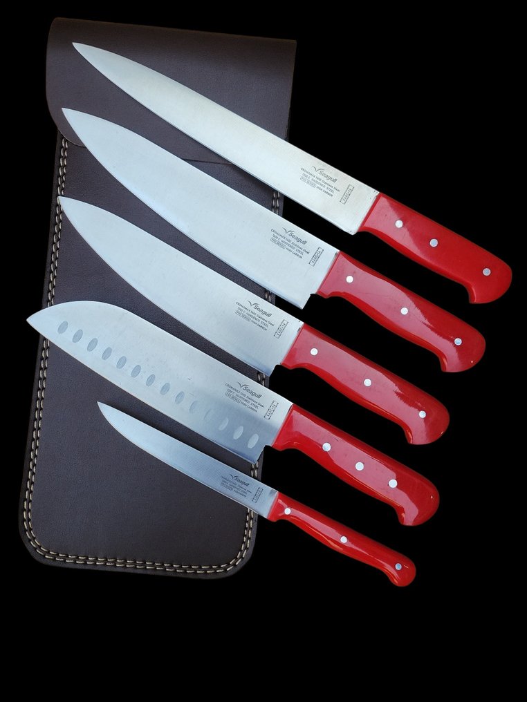 厨刀 - Chef's knife -  手工制作的厨房刀具 - 钢, 皮革, 碳纤维 - 美国 - 配有皮革袋 #1.0