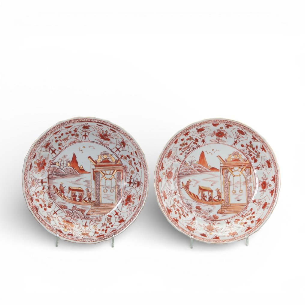 Een paar zeldzame borden - gezicht op brug voorhout Den Haag - 盤子 (2) - 瓷器 - 康熙时期 #1.0