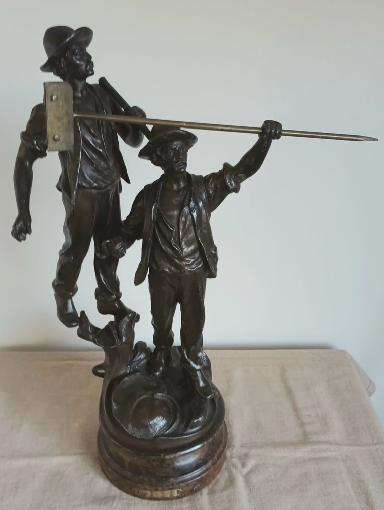 Statue, Dubbelbeeld van 2 Arbeiders - 45 cm - Wood, Spelter #2.1