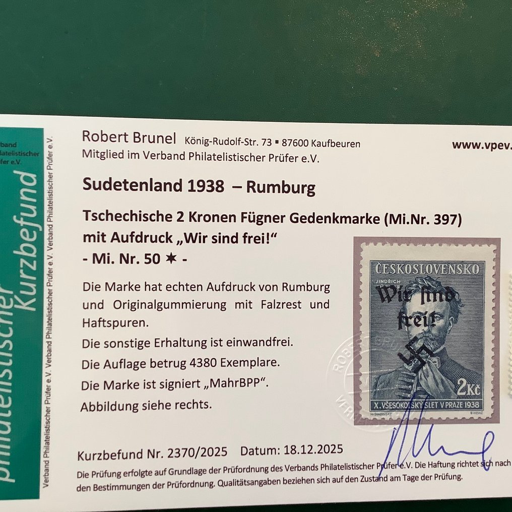 波希米亚和摩拉维亚 1938 - Rumburg:2 克朗邮票,Fuger,带有‘我们已获释’的印刷——最新的完好无损检验报告由 Brunel 出具。 - Michel 50 #4.3