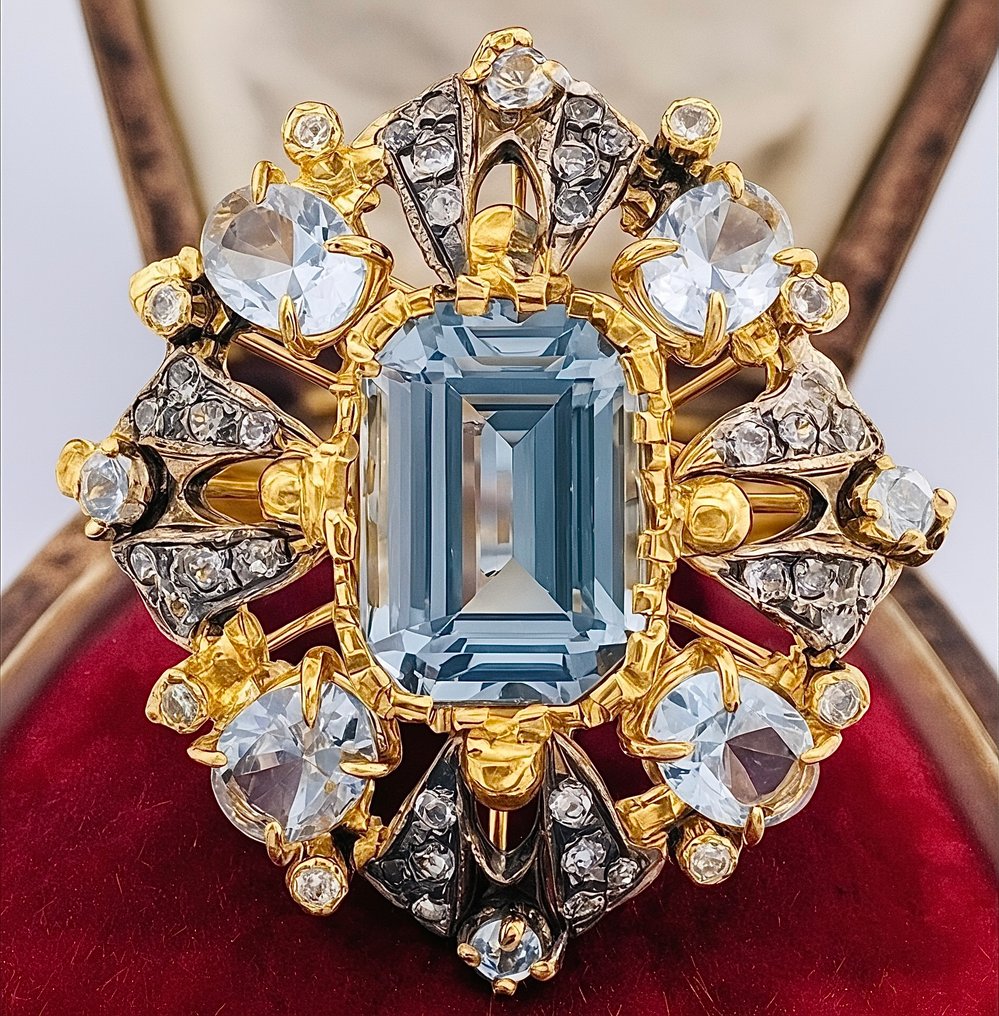 Ohne mindestpreis - Ring - 9 Kt Gelbgold, Silber Aquamarin - Aquamarin #1.0