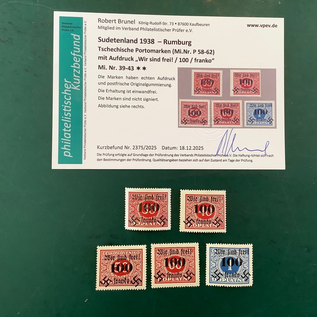 波希米亚和摩拉维亚 1938 - Rumburg:5枚邮资封,印有‘wir sind frei’,为最新的完好无损检验,由Brunel出具。 - Michel 39/43 #1.0