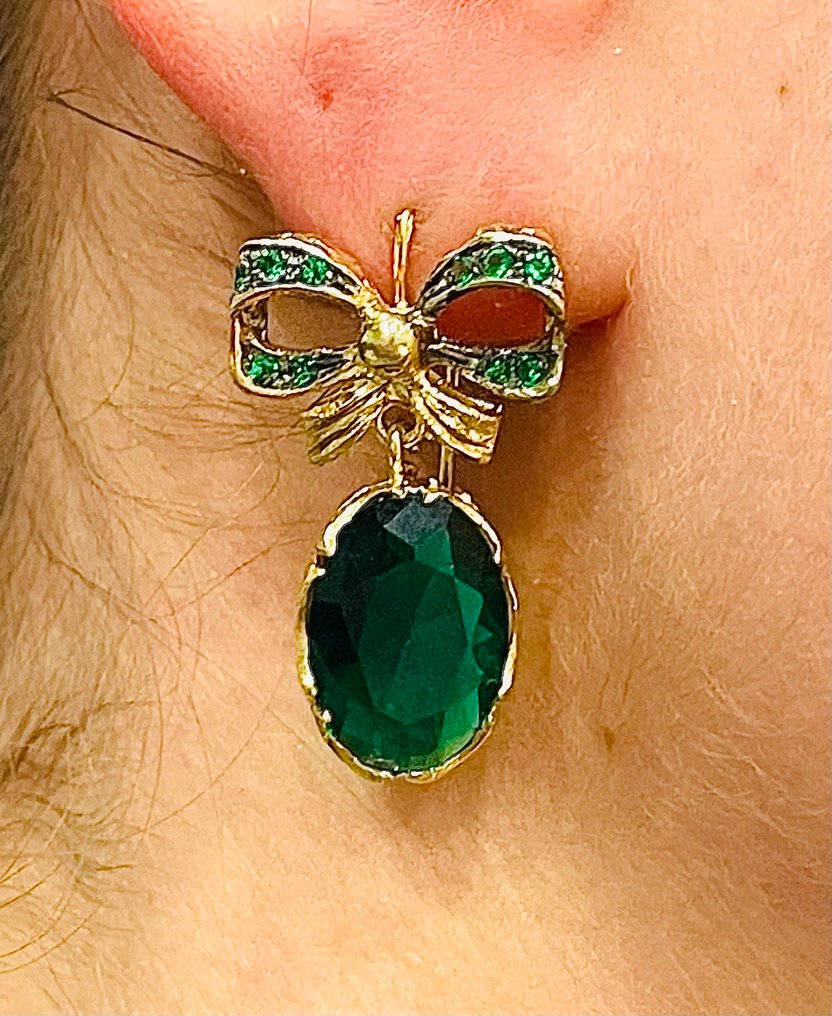 没有保留价 - 耳环 - 9 kt. 黄金, 银 祖母绿 - 祖母绿 #3.2