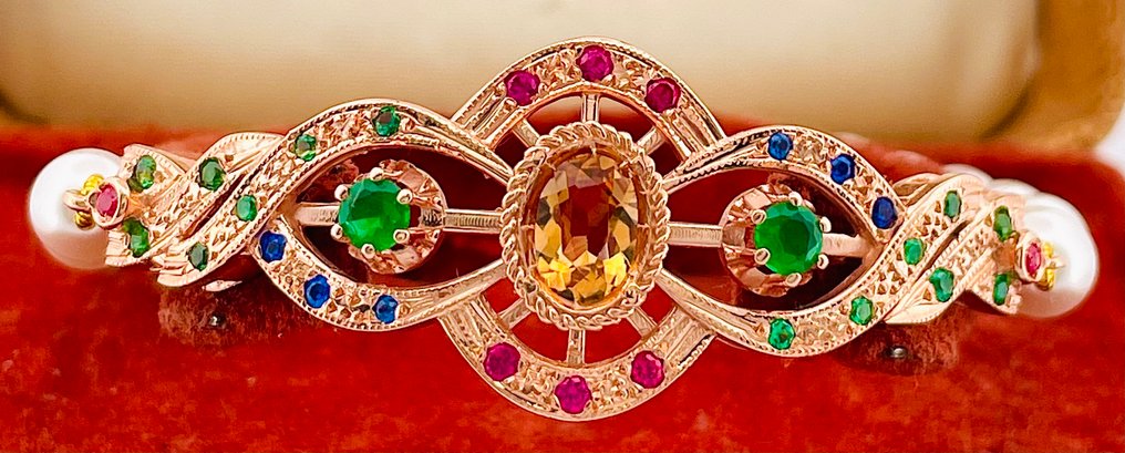 没有保留价 - 手镯 - 9 kt. 玫瑰金, 银 黄水晶 - 祖母绿 #1.0