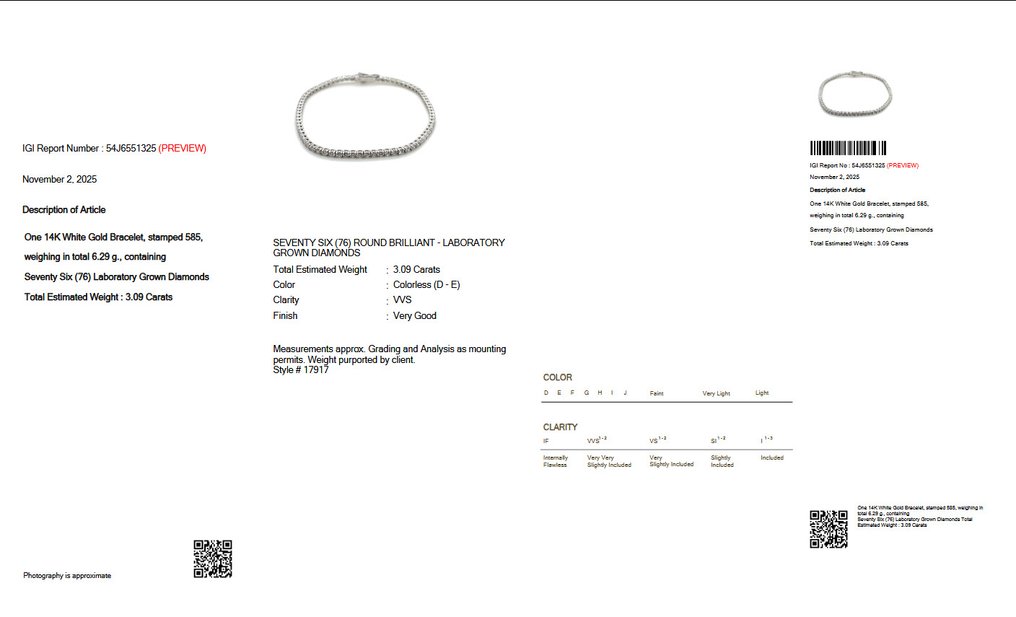 沒有保留價 - 網球手鍊 - 14 克拉 白金 - 3.09ct. tw. 鉆石 (實驗室培育) - D-E VVS IGI 认证 #1.0