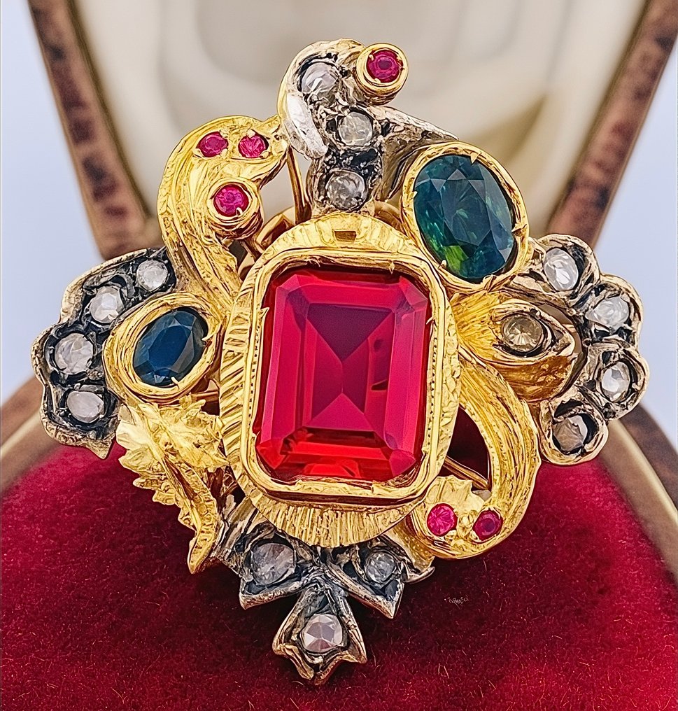 沒有保留價 - 戒指 - 9 節 黃金, 銀 紅寶石 - 鉆石 #1.0