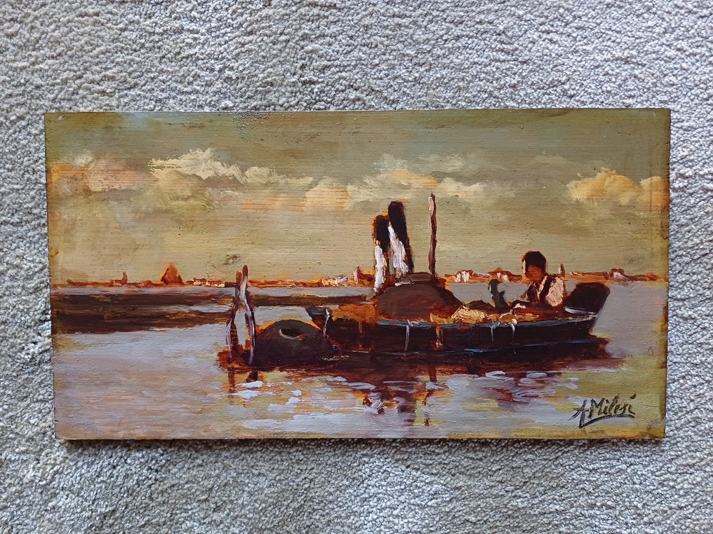 Alessandro Milesi (1856-1945), Attrib. - Laguna veneta con pescatore #3.2