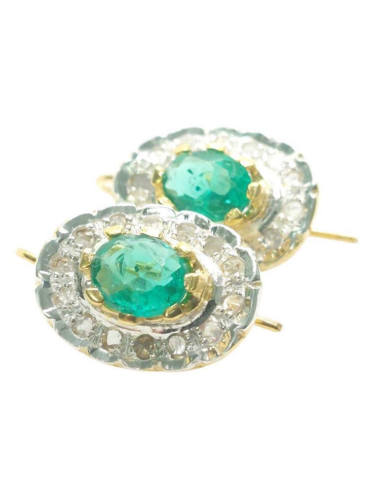 沒有保留價 - 耳環 - 9 節 銀, 黃金 祖母綠 - 鉆石 #1.0