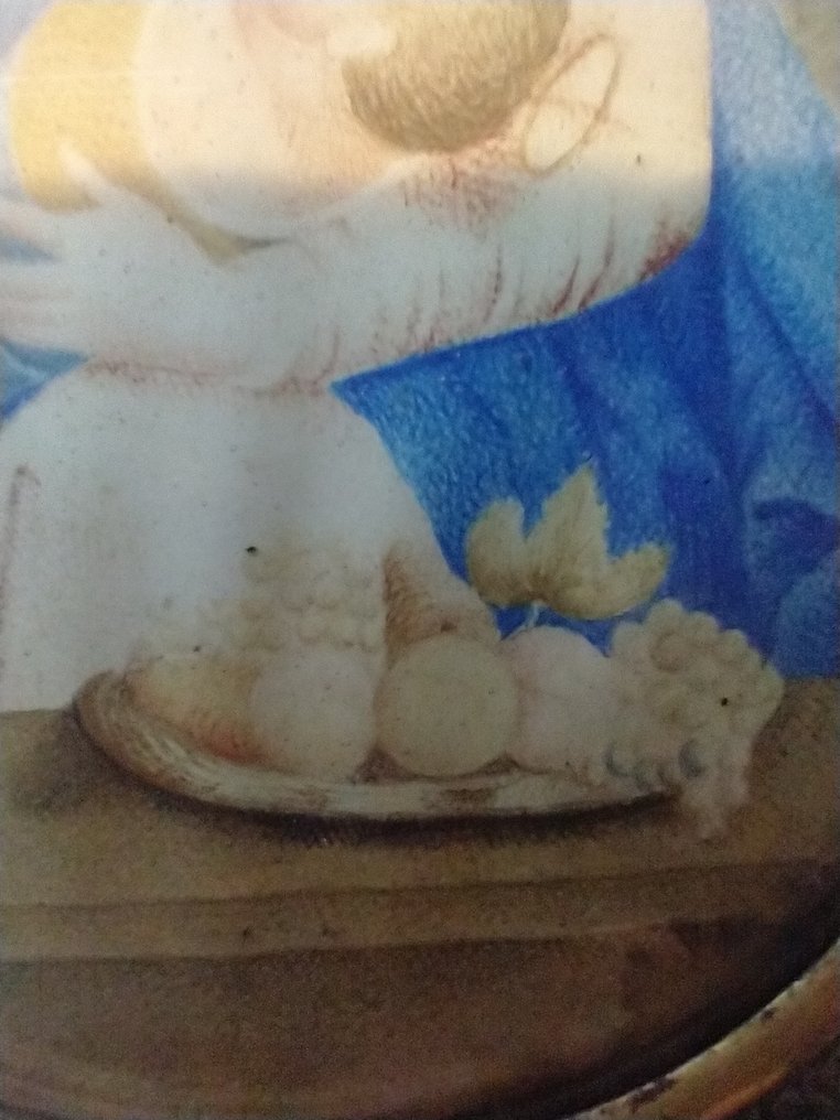 Madre Maria con Gesù e un cesto di frutta - Placchetta - Acquerello su carta in cornice di ottone #2.1