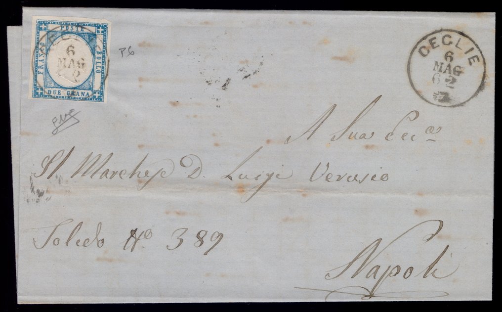 Αρχαία ιταλικά κράτη - Νάπολη 1861 - Περιφέρεια Napoletane, 2 γραμμάρια ανοιχτό γαλάζιο, 4 κόβες. Υπογεγραμμένο Merone και Biondi. - Sassone 20 #2.1