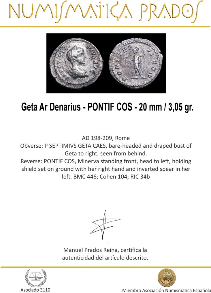 Romarriket. Geta (AD 209-211). Denarius PONTIF COS  (Ingen mindstepris) #1.0