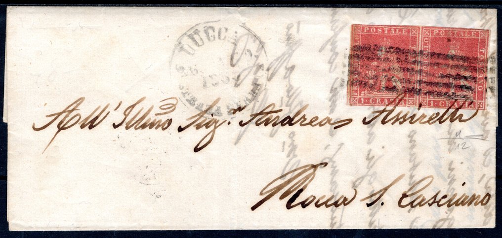 意大利古國-托斯卡尼 1857 - 1 crazia carminio,横向配对,用于卢卡寄往Rocca S. Casciano的信件上的使用。 - Sassone n. 12 #1.0