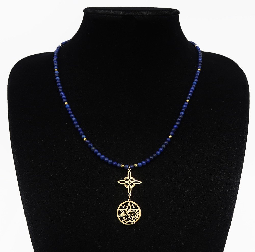 青金石 - 巫师结，四字符五角星 - 魔法保护，神圣连接，14K GF黄金扣 - 吊坠项链 #1.0