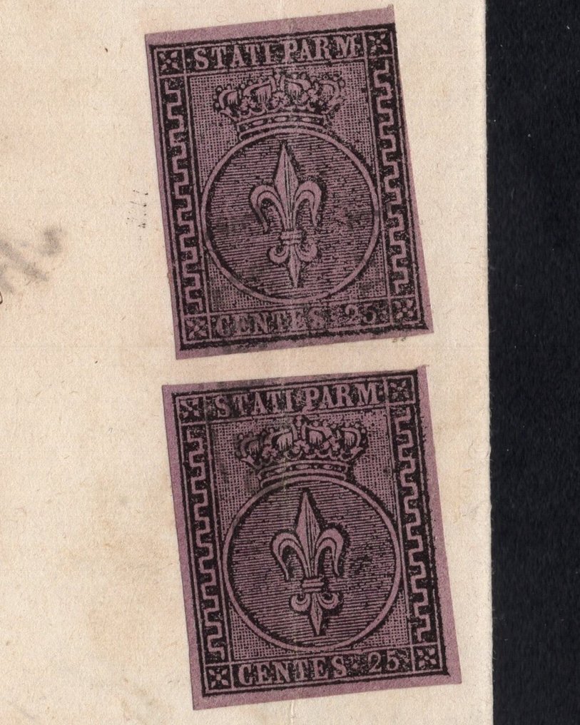 意大利古國－帕爾馬 1852 - 25分紫色，从帕尔马寄往米兰的信上的两枚邮票 - Sassone 4 #1.0