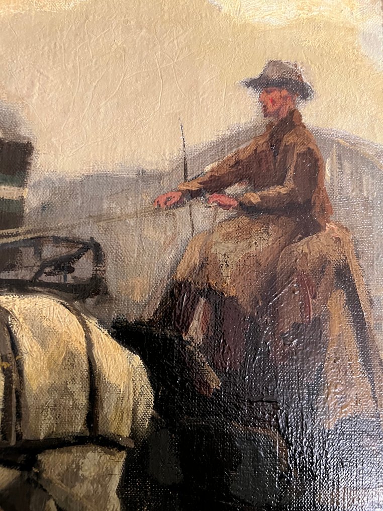 J .G van Overbeek (1882-1947) - Seven draught horses in a row with in the background the Maaskade #3.2