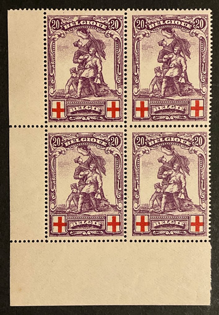 比利時 1914/1915 - Merode 5c-20c 雕像，后期色彩，四联画块，纸张角落 - OBP/COB 126/28 #1.0