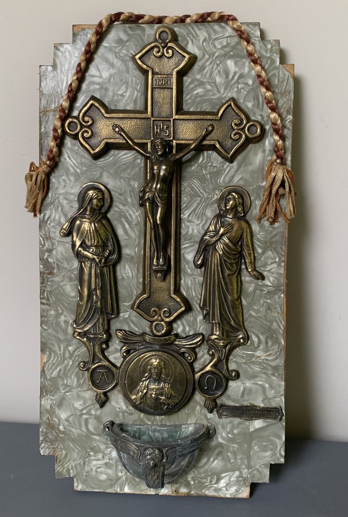 老式 (十字架状)耶稣受难像 (2) - 木, 黄铜 - 1930-1940 - 十字像圣水盆  #2.1