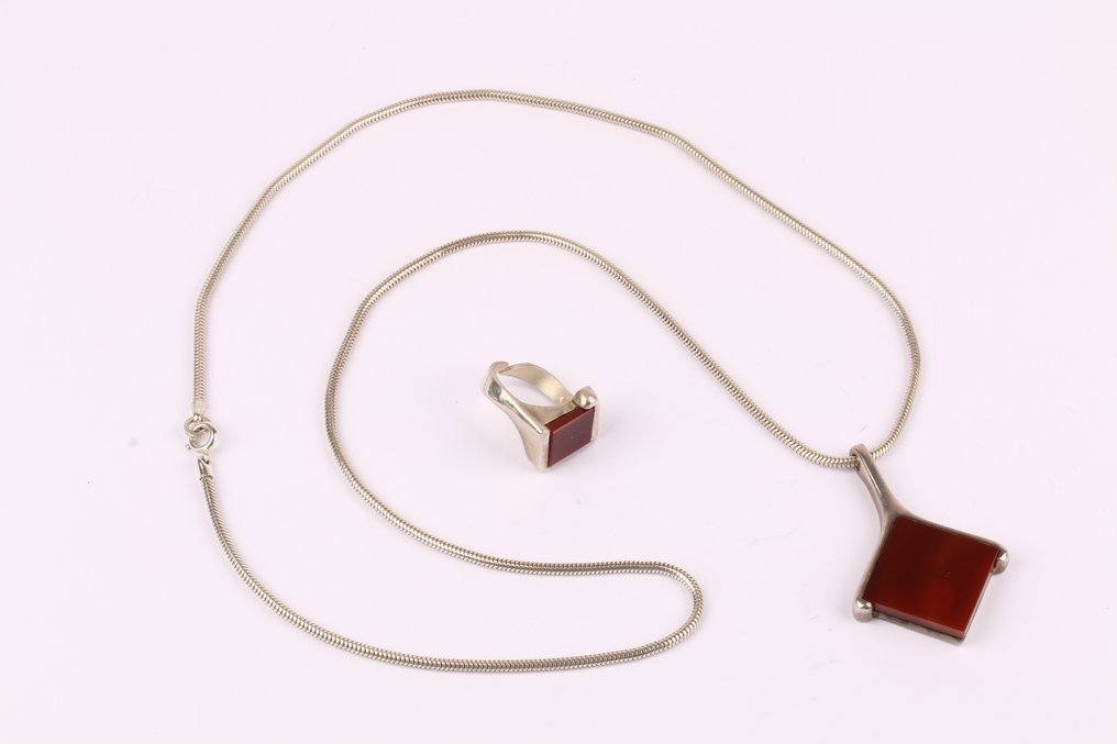 没有保留价 - 2件套珠宝 银 - 戒指，项链 玛瑙 #1.0