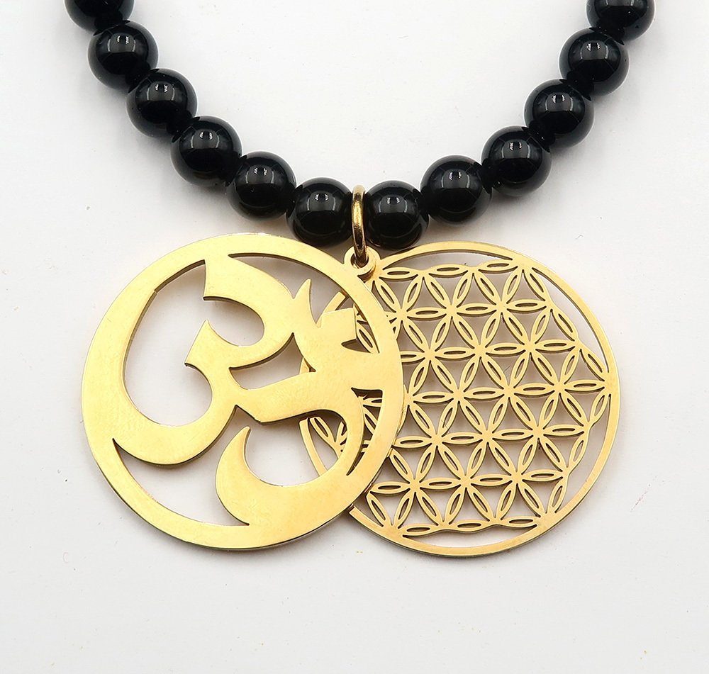 黑曜石 - Om 与 Fleur de Vie：原始振动，宇宙和谐 - 14K GF 黄金扣 - 吊坠项链 #4.3