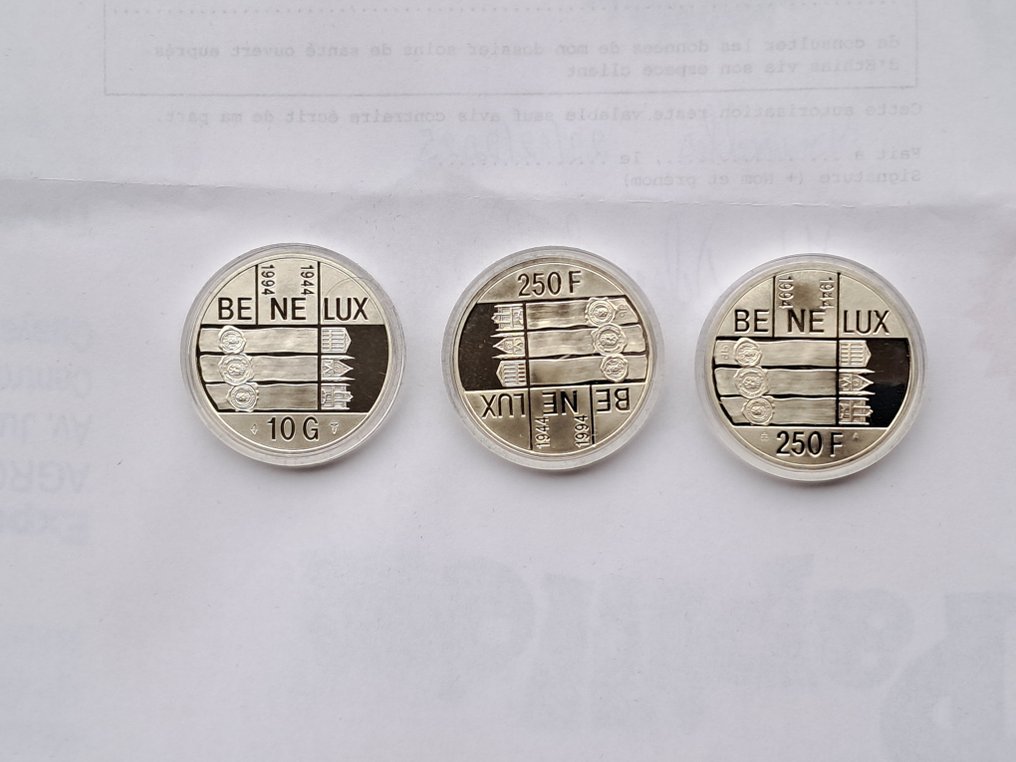 Benelux. 250 Francs, 10 Gulden, 250 Francs 1994 Benelux set (Sem preço de reserva) #3.2