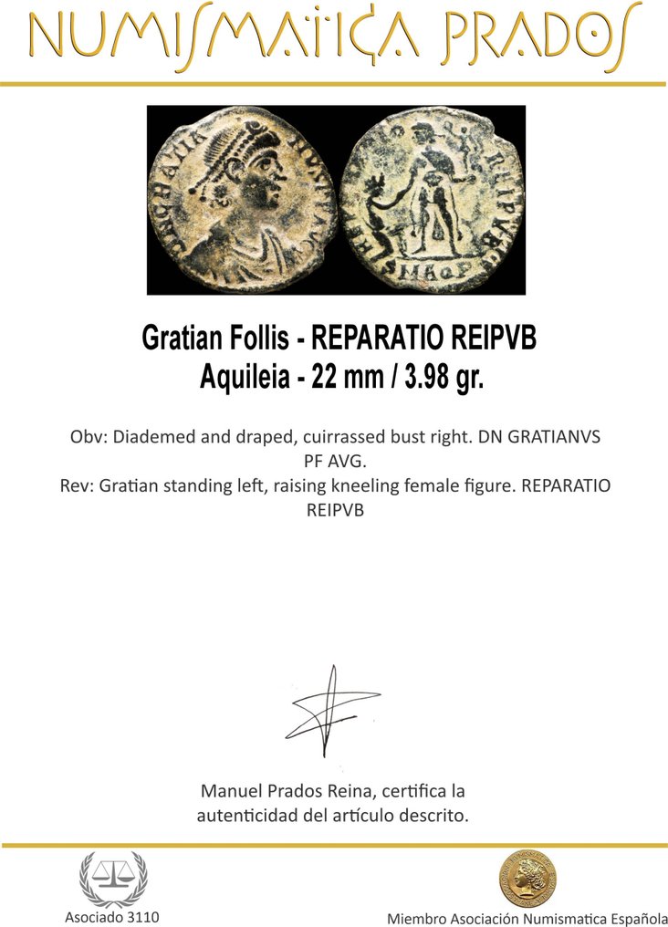 罗马帝国. 格拉蒂安 （ 367-383）. Follis REPARATIO REIPVB, Aquileia  (没有保留价) #1.0
