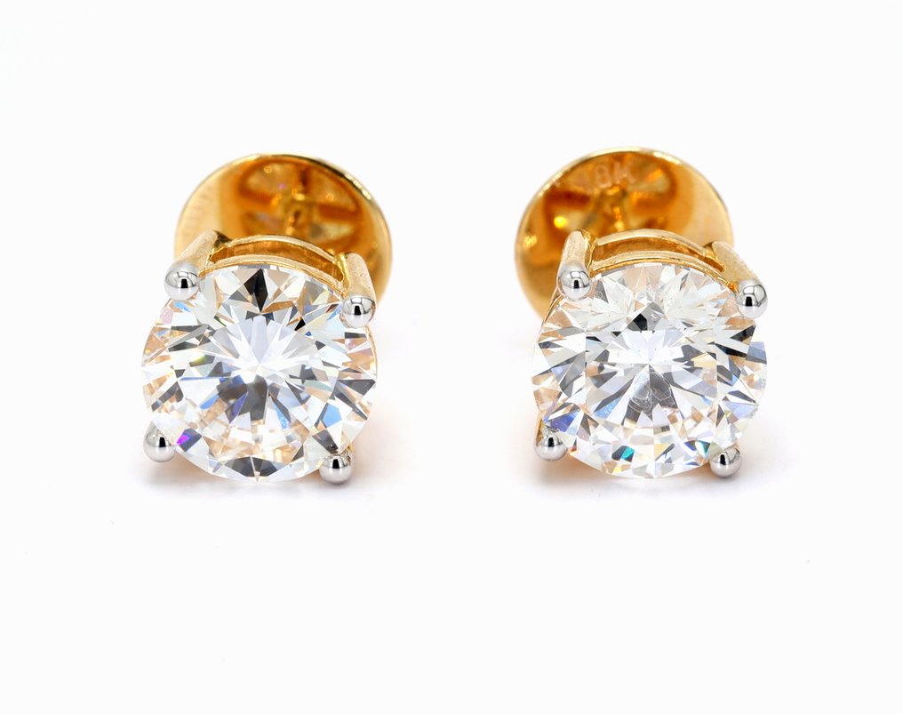 耳釘耳環 - 14 克拉 黃金 -  4.00ct. tw. 鉆石 (實驗室培育) - 单颗钻石耳钉 #1.0