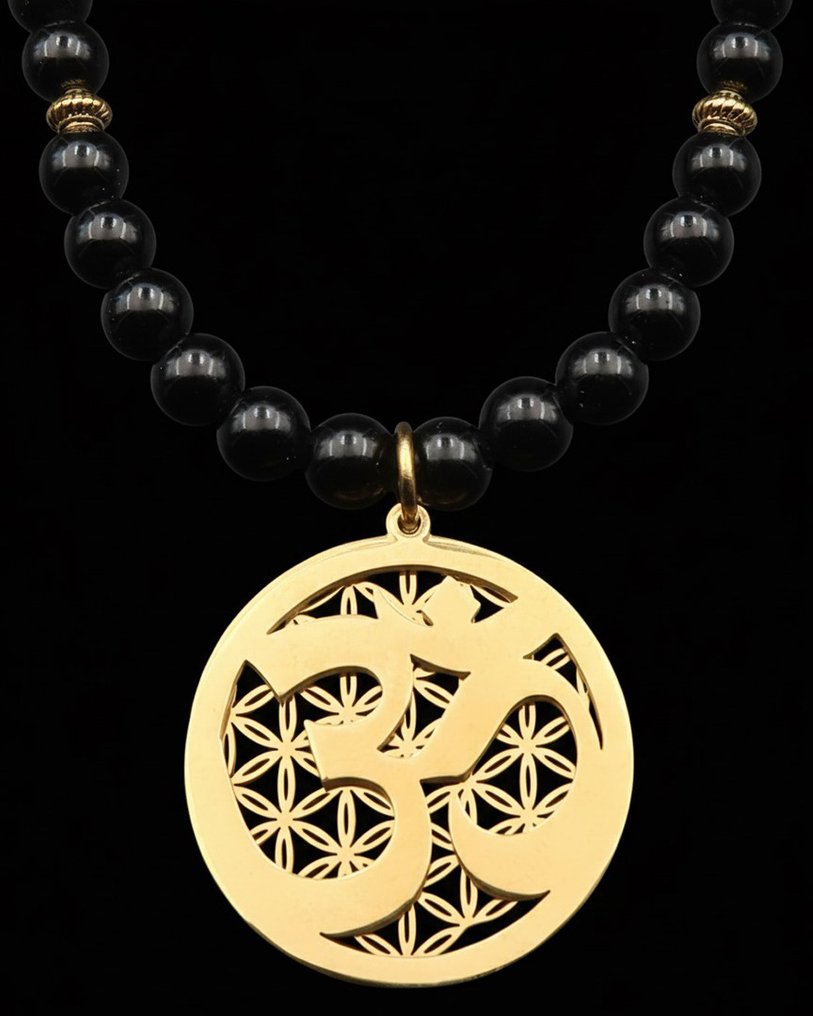 黑曜石 - Om 与 Fleur de Vie：原始振动，宇宙和谐 - 14K GF 黄金扣 - 吊坠项链 #1.0