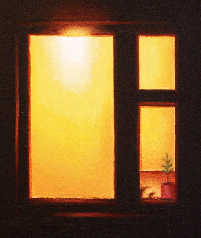 Gerard Boersma (1976) - Night Window (painting of a darkened house facade with lit interior) #4.3