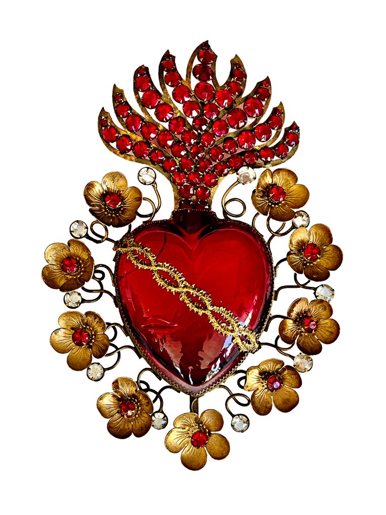 Εξ-Βοτό Ιερή Καρδιά - 26 εκ. - Vintage - Γυαλί, Ορείχαλκος - 1950-1960 #1.0