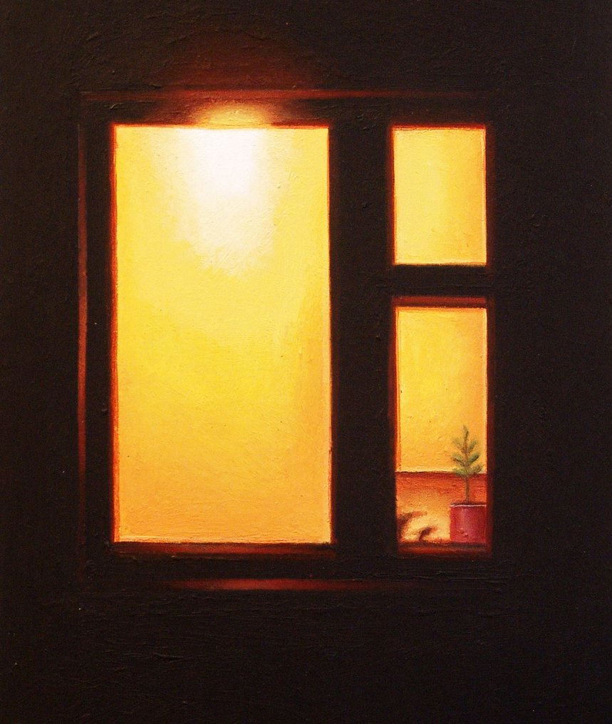 Gerard Boersma (1976) - Night Window (painting of a darkened house facade with lit interior) #3.2
