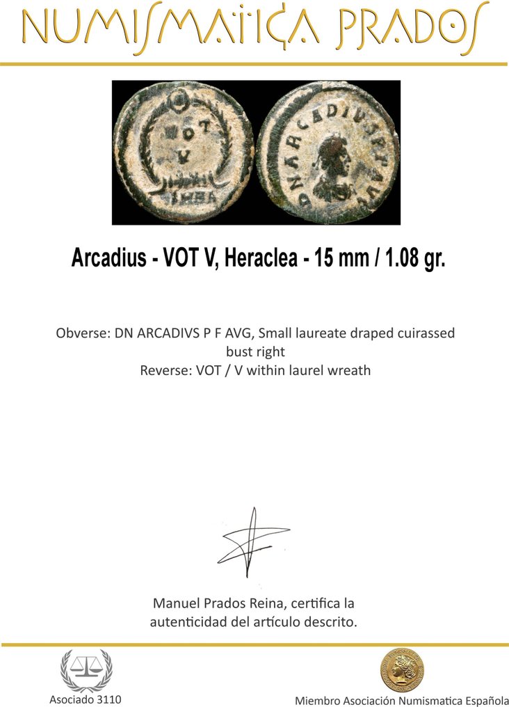羅馬帝國. 阿卡狄奧斯 (AD 383-408). VOT V, Heraclea  (沒有保留價) #1.0